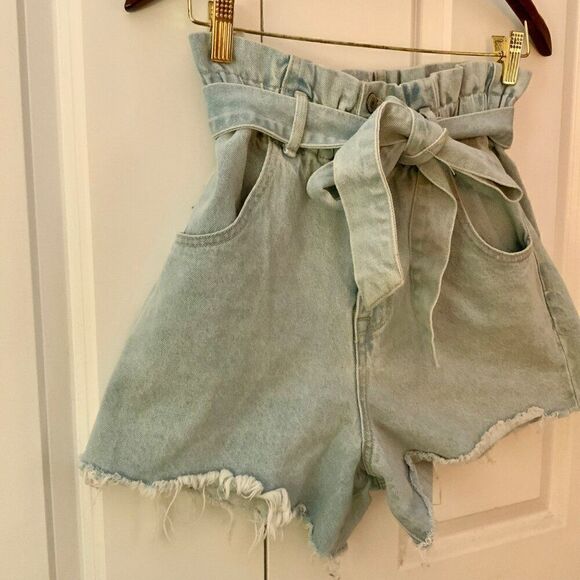 Vervet Paperbag Belted Denim Shorts Light Wash Elastic Waist Medium - Picture 4 of 12